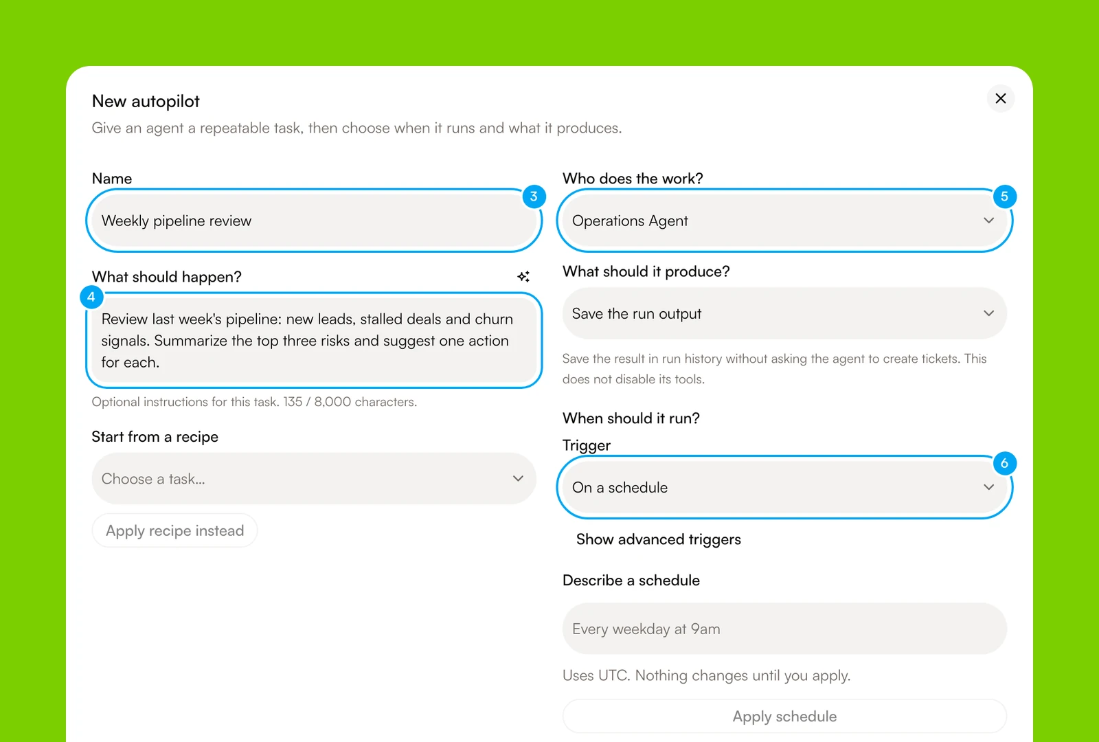 The New autopilot form with the name, task, agent and trigger filled in