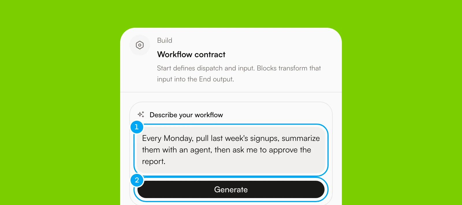 The Describe your workflow box in the AI Agent workflow builder, with the example prompt: every Monday, pull last week's signups, summarize them with an agent, then ask me to approve the report