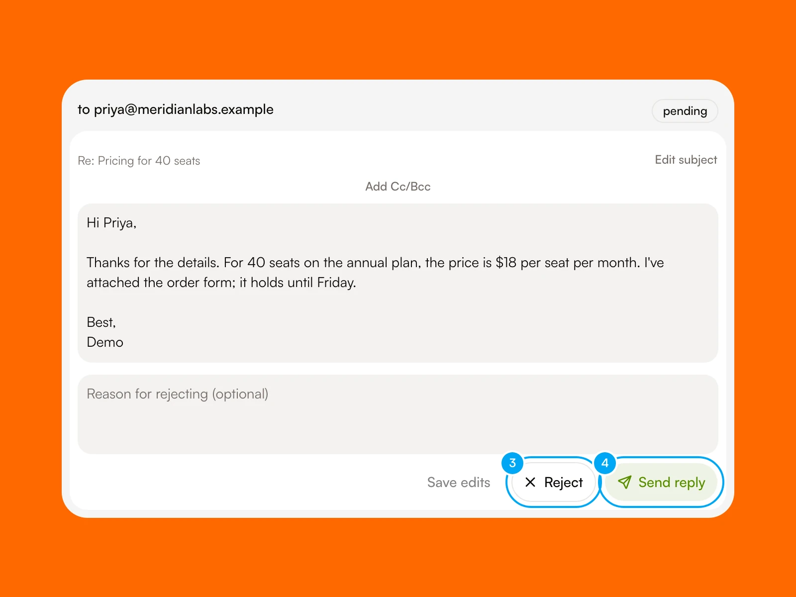 A reply draft in the AI Agent Inbox with Save edits, Reject, and Send reply buttons